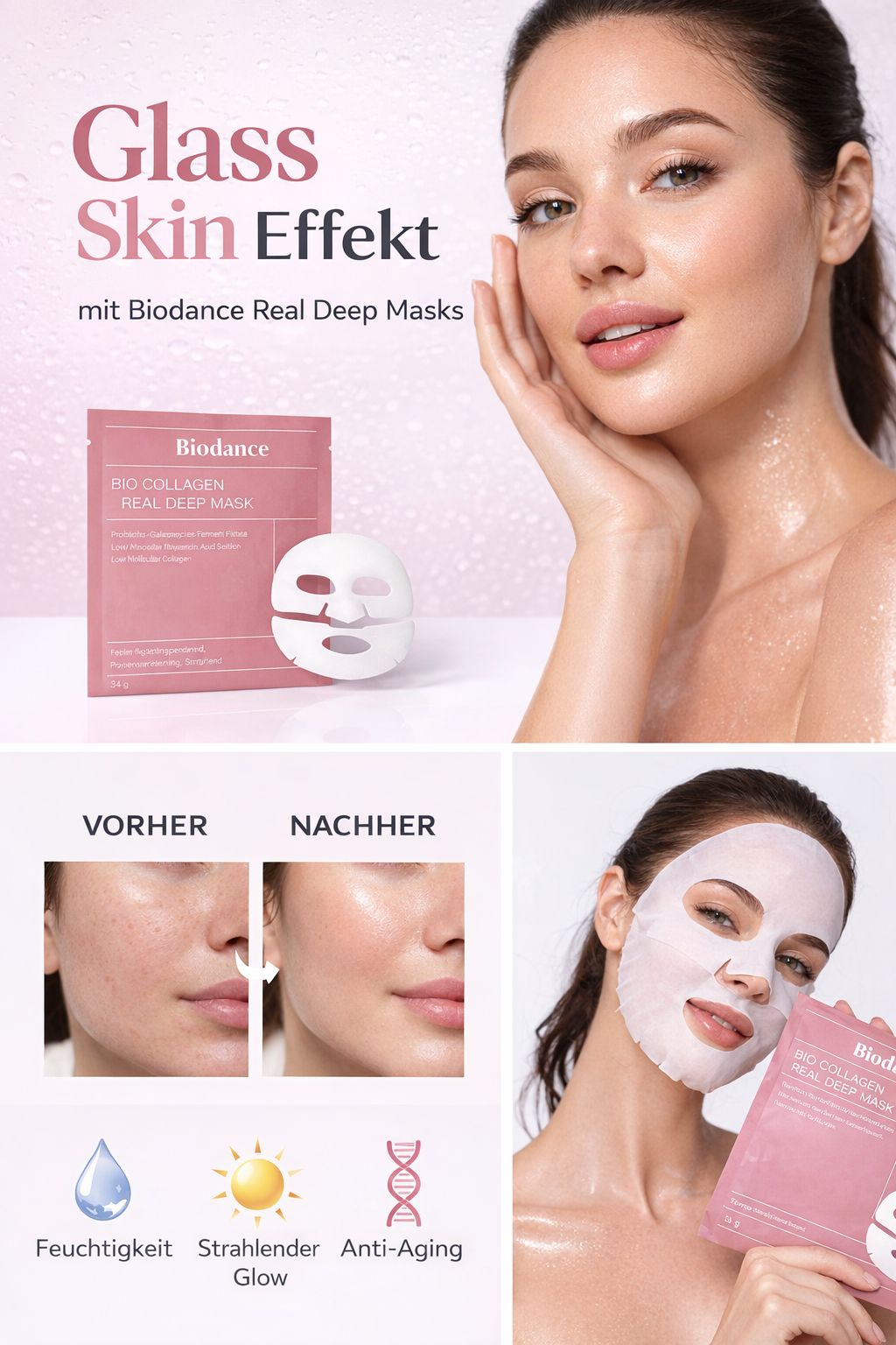 4 Stück Bio-Kollagen-Gesichtsmasken – Intensive Feuchtigkeit & Anti-Aging Pflege | Staubiges Rosa
