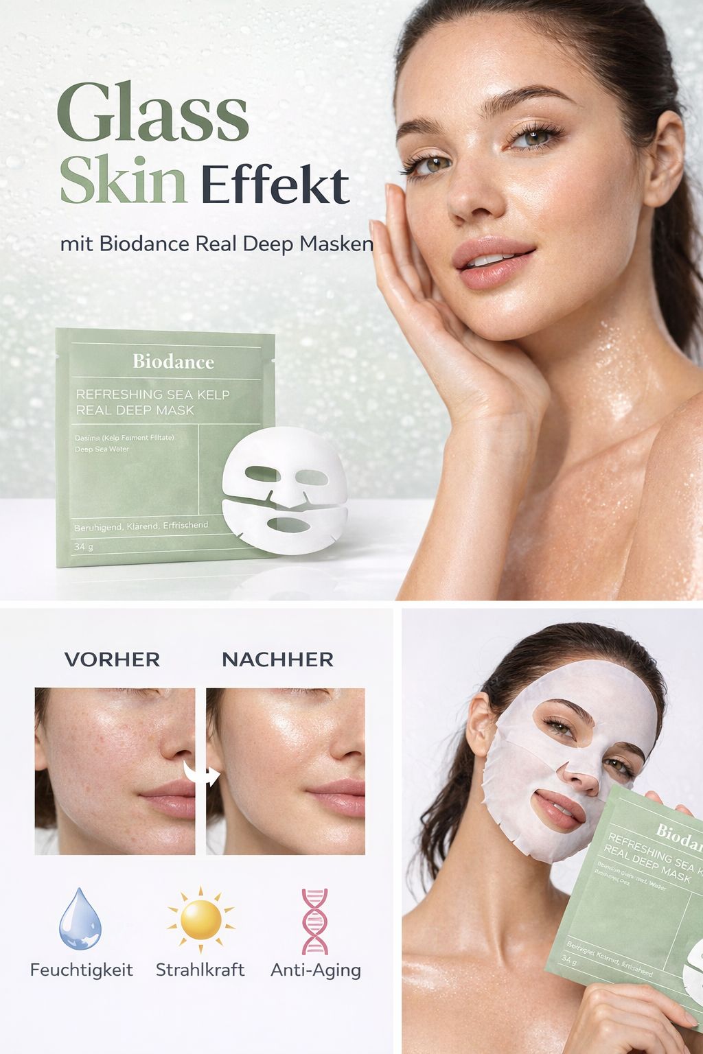 4 Stück Bio-Kollagen-Gesichtsmasken – Intensive Feuchtigkeit & Anti-Aging Pflege | Salbeigrün